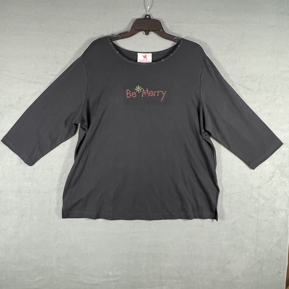 Quacker Factory Women's 1X Plus Black Be Merry Rhinestone 3/4 Sleeve Christmas